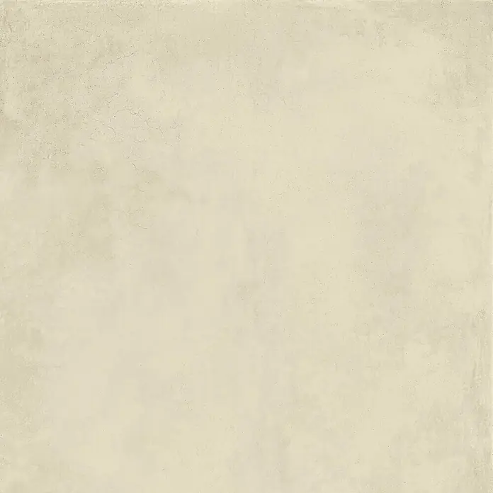 Feinsteinzeug in gewachster elfenbeinfarbener Betonoptik 120x120 -  - Hellbeige Zementoptik-Oberfläche mit feiner Textur und Rissen.