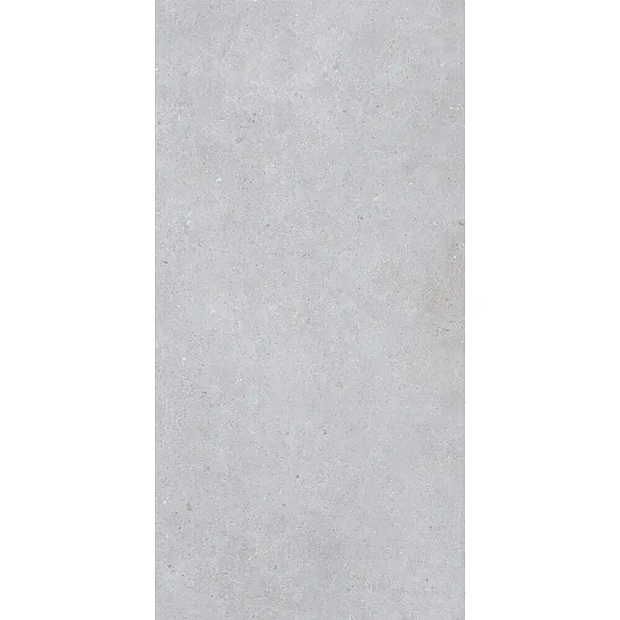Feinsteinzeug in matter hellgrauer Betonoptik 60x120 - Italienische Fliesen -  - Helle, feinkörnige Steinoberfläche in Grau mit dezenten Sprenkeln und feiner Äderung, ideal für Boden- oder Wandfliesen.