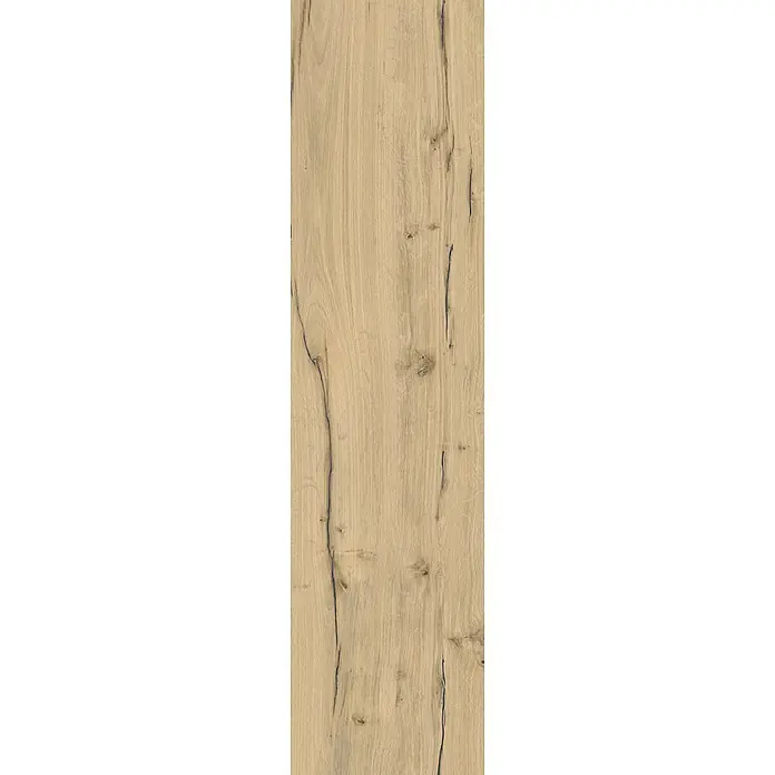 Feinsteinzeug in antiker honigfarbener matter Holzoptik 30x120 -  - Helle Naturholzplatte mit ausgeprägter Maserung und dunklen, rustikalen Rissen.