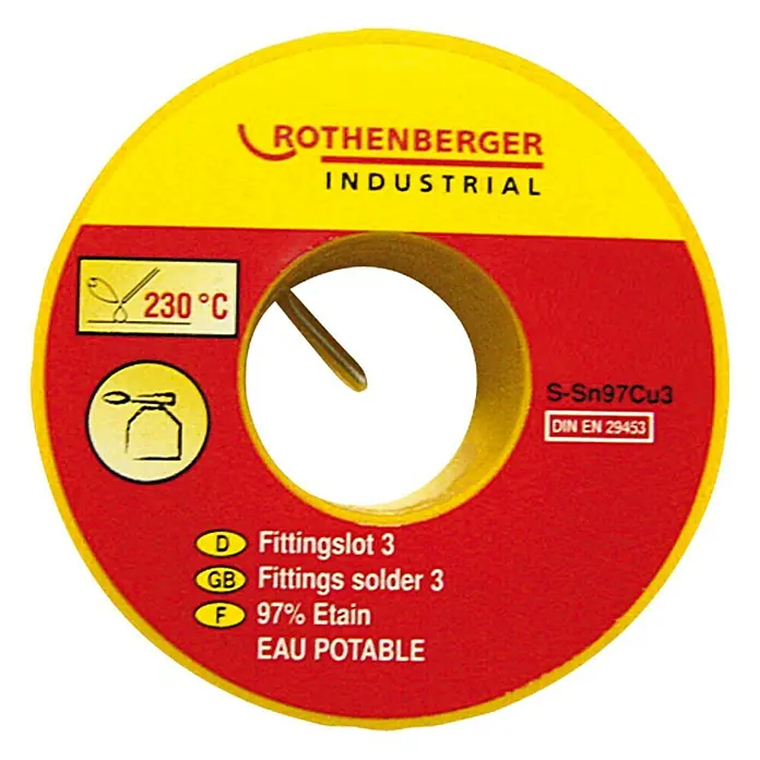 Rothenberger Industrial Fittingslot 3 Sn97Cu3 - Durchmesser: 3 mm, 250 g - Abbildung einer Rolle Rothenberger Industrial Lötdraht, ideal für Fittings mit 230°C Schmelzpunkt und S-Sn97Cu3 Legierung.