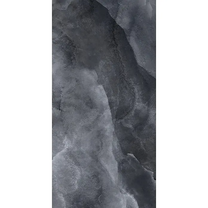 Feinsteinzeug in glänzender schwarzer Marmoroptik 30x60 - Ital. Fliesen -  - Dunkelgraue abstrakte Textur mit fließenden, welligen Mustern und variierenden Schattierungen, ähnlich Marmor oder Stein.