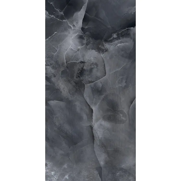 Feinsteinzeug in glänzender schwarzer Marmoroptik 30x60 - Ital. Fliesen -  - Dunkelgraue Marmorstruktur mit auffälligen weißen und hellgrauen Maserungen.