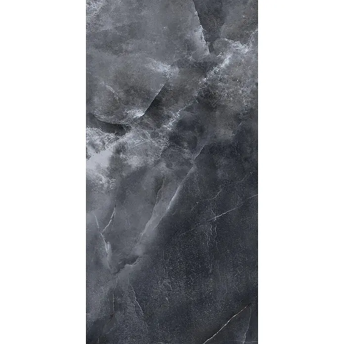 Feinsteinzeug in glänzender schwarzer Marmoroptik 30x60 - Ital. Fliesen -  - Elegante dunkelgraue Steintextur mit markanter weißer und hellgrauer Maserung.