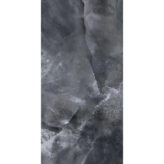 Feinsteinzeug in glänzender schwarzer Marmoroptik 30x60 - Ital. Fliesen -  - Dunkelgraue Onyx-Textur mit natürlichen weißen Adern und wolkigen, durchscheinenden Mustern für moderne Oberflächen.