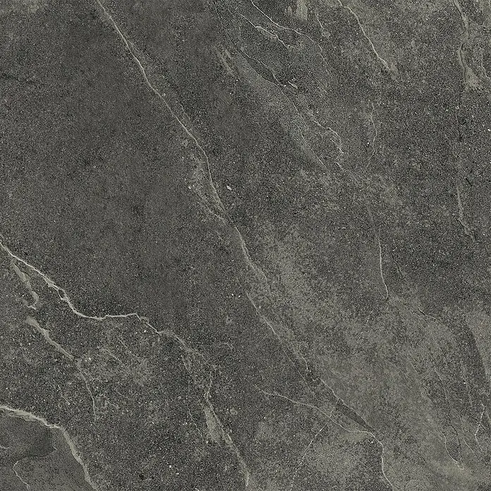 Feinsteinzeug in schwarzer Steinoptik 120x120 - Italienische Fliesen -  - Dunkelgraue Steinplatte mit zarter weißer Äderung und einer strukturierten, gesprenkelten Oberfläche.