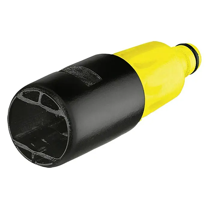 Kärcher Gartenschlauch-Adapter - Kunststoff - Nahaufnahme eines gelb-schwarzen Zubehörteils für Werkzeuge mit einer Öffnung zum Einsetzen von Schrauben und Muttern.