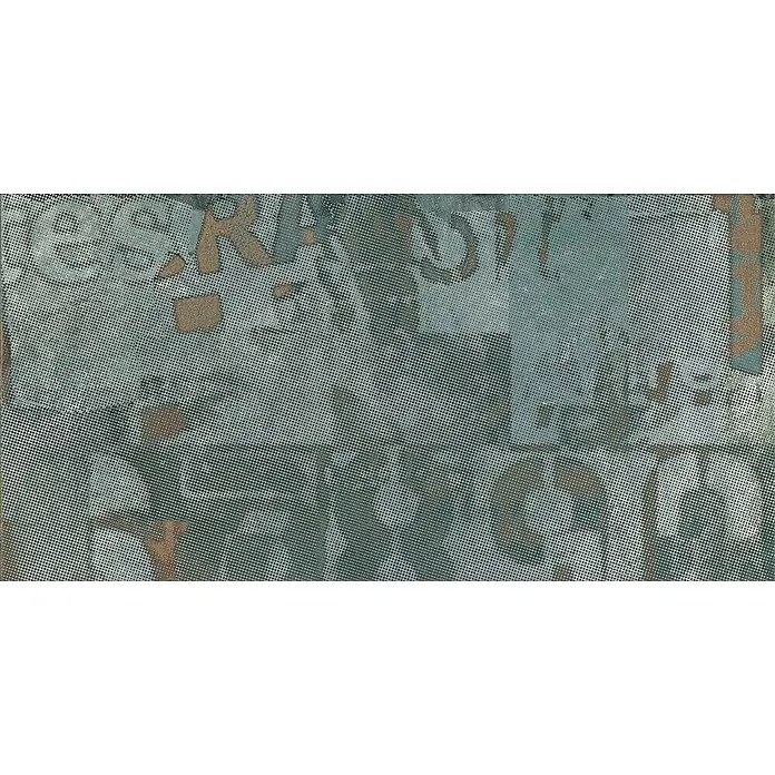 Dekorierte industrielle Feinsteinzeug Wandfliese in Grün - Ital. Fliesen -  - Verwitterte Halbtontextur in gedämpften Blaugrün- und Brauntönen mit schwachen, abstrakten Buchstaben und Mustern.
