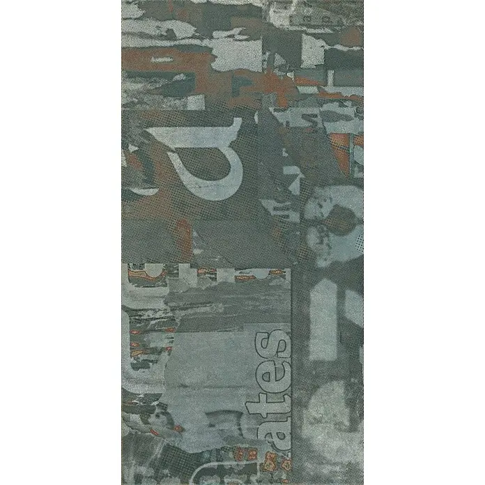 Dekorierte industrielle Feinsteinzeug Wandfliese in Grün - Ital. Fliesen -  - Abstraktes, graublaues Textilmuster mit Halbtonpunkten, rotbraunen Akzenten und fragmentiertem Text inkl. 'Kates'.