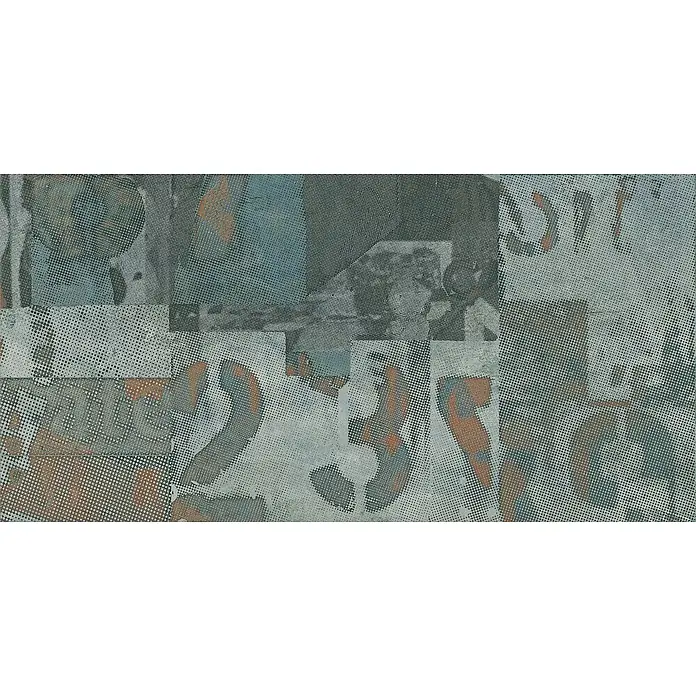 Dekorierte industrielle Feinsteinzeug Wandfliese in Grün - Ital. Fliesen -  - Abstraktes Halbton-Design in gedämpften Blau-, Grau- und Rosttönen, mit modernem Patchwork-Effekt für Oberflächen.