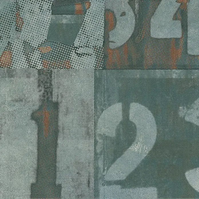 Dekorierte industrielle Feinsteinzeug Wandfliese in Grün - Ital. Fliesen -  - Abgenutzte Halbton-Textur mit den Zahlen 1 und 2 in gedämpftem Grün, Grau und Rostorange. Dekoratives Panel im Grunge-Stil.