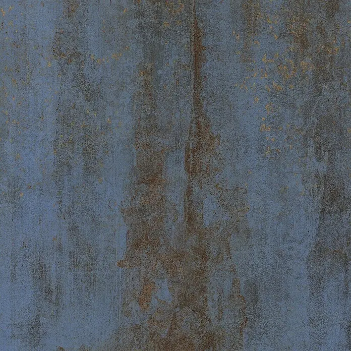 Feinsteinzeug in blauer Metalloptik 30x60 - Italienische Fliesen -  - Verwitterte blaugraue Metalloberfläche mit rostbraunen und goldenen Akzenten.