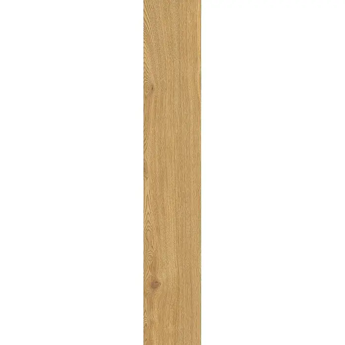 Feinsteinzeug in Caramello Holzoptik 20x120 - Italienische Fliesen -  - Nahaufnahme einer hellbraunen Holzdiele mit ausgeprägter, vertikaler Maserung und dezenten Ästen, ideal für Bodenbelag.