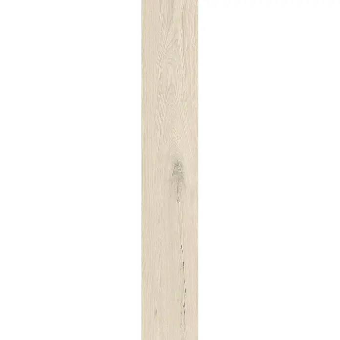 Feinsteinzeug in antiker matter weißer Holzoptik 20x120 - Ital. Fliesen -  - Helle beige Holzplatte mit natürlicher Maserung und Astdetails.