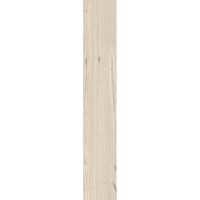 Feinsteinzeug in antiker matter weißer Holzoptik 20x120 - Ital. Fliesen -  - Helle Holzplatte mit ausgeprägter Maserung, natürlichen Ästen und kleinen Rissen.