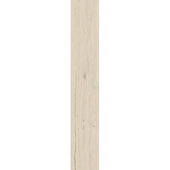 Feinsteinzeug in antiker matter weißer Holzoptik 20x120 - Ital. Fliesen -  - Helle beige Holzplatte mit sichtbarer Maserung, einem Ast und einem vertikalen Riss links, ideal für Boden oder Möbel.
