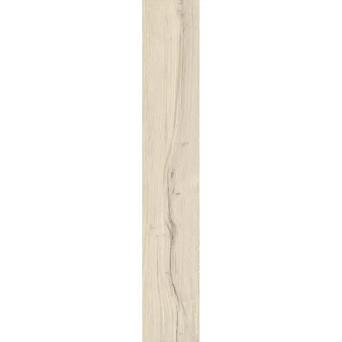 Feinsteinzeug in antiker matter weißer Holzoptik 20x120 - Ital. Fliesen -  - Helles, beiges Holzpaneel mit natürlicher Maserung, Ästen und einem dezenten vertikalen Riss.