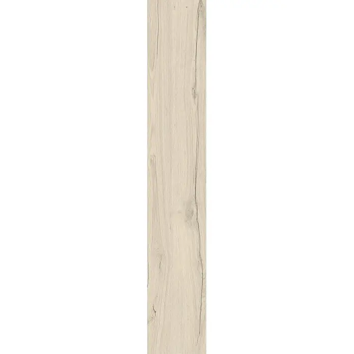 Feinsteinzeug in antiker matter weißer Holzoptik 20x120 - Ital. Fliesen -  - Helle Holzdiele mit natürlicher Maserung, sichtbaren Ästen und feinen Rissen.
