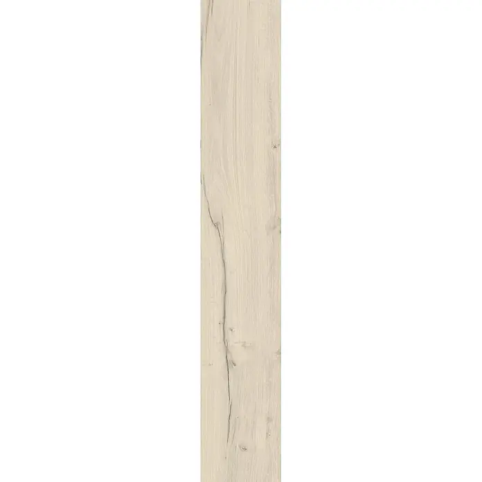 Feinsteinzeug in antiker matter weißer Holzoptik 20x120 - Ital. Fliesen -  - Helle beige Holztextur mit ausgeprägter vertikaler Maserung und natürlichen dunklen Rissen.
