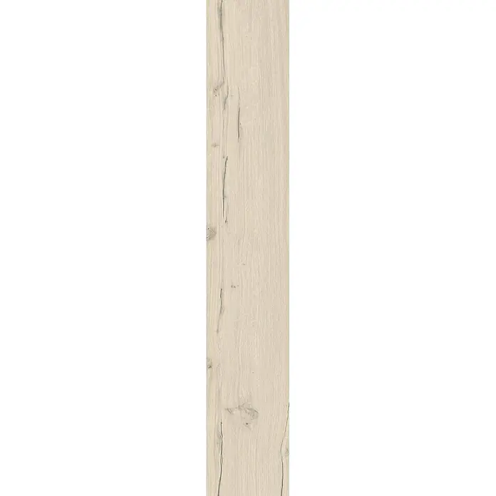 Feinsteinzeug in antiker matter weißer Holzoptik 20x120 - Ital. Fliesen -  - Helle Holztextur mit vertikaler Maserung, die feine Risse und Äste zeigt.