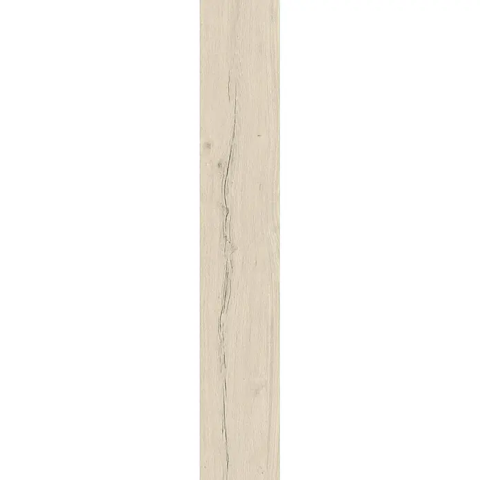 Feinsteinzeug in antiker matter weißer Holzoptik 20x120 - Ital. Fliesen -  - Helle Holztextur mit ausgeprägter vertikaler Maserung und einem dunklen Riss.