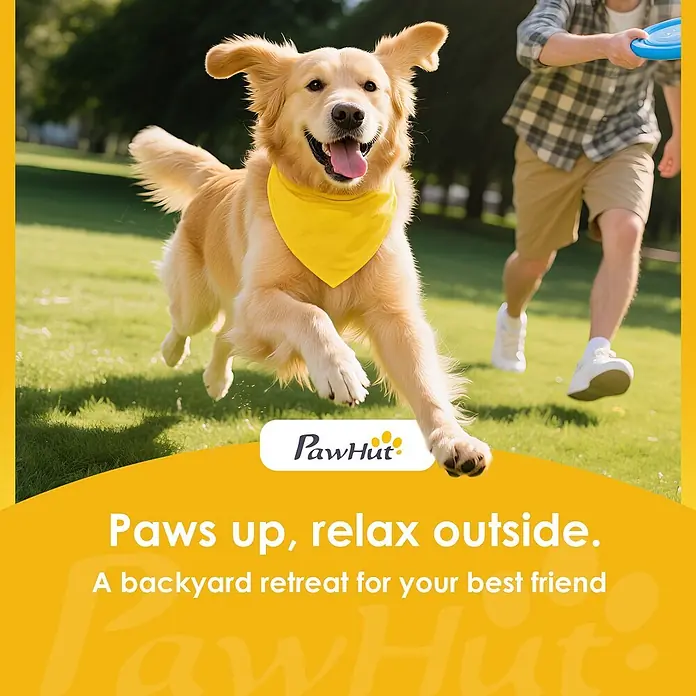 PawHut Hundehütte Grau 65L x 75,7B x 63H cm -  - Glücklicher Golden Retriever mit gelbem Halstuch, läuft und spielt in einem sonnigen Park mit einer Person.