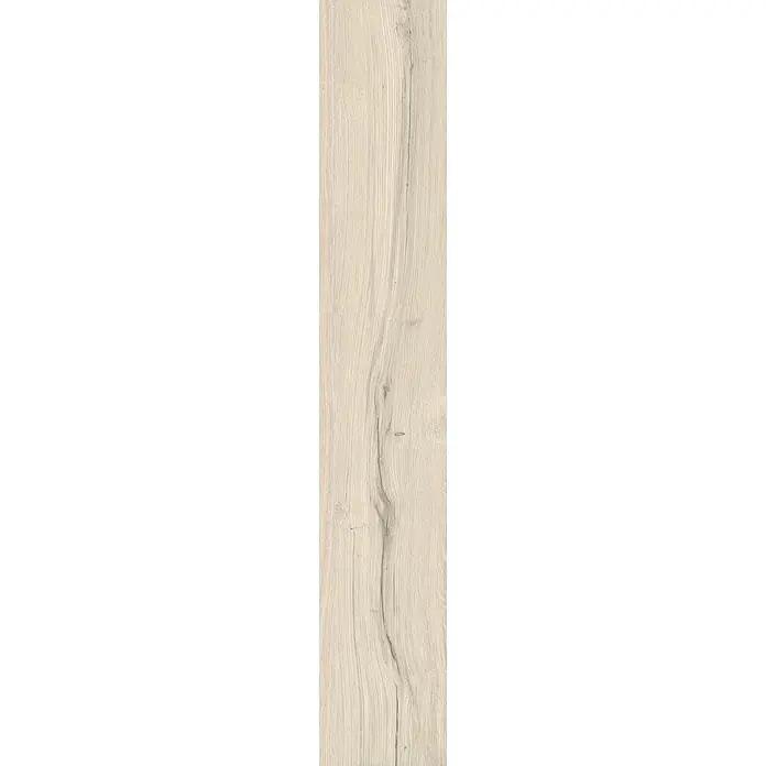 Feinsteinzeug in antiker matter weißer Holzoptik 20x120 - Ital. Fliesen -  - Hellbeiges Holzbrett mit natürlicher Maserung und dezenten dunkleren Linien.