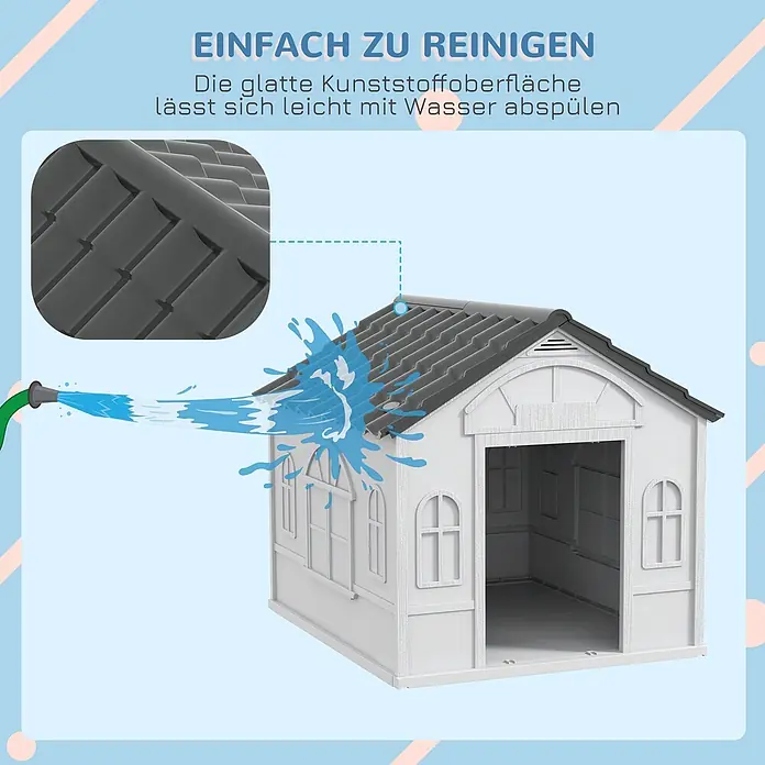 PawHut Hundehütte Grau 65L x 75,7B x 63H cm -  - Weißer Kunststoffschuppen mit grauem Dach wird mit Wasser abgespült, zeigt einfache Reinigung.