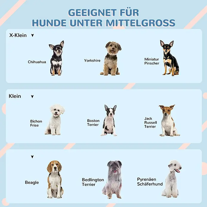 PawHut Hundehütte Grau 65L x 75,7B x 63H cm -  - Tabelle mit Hunderassen, die für Hunde unter Mittelgröße geeignet sind, kategorisiert in X-kleine, kleine und weitere kompakte Rassen wie Beagles.