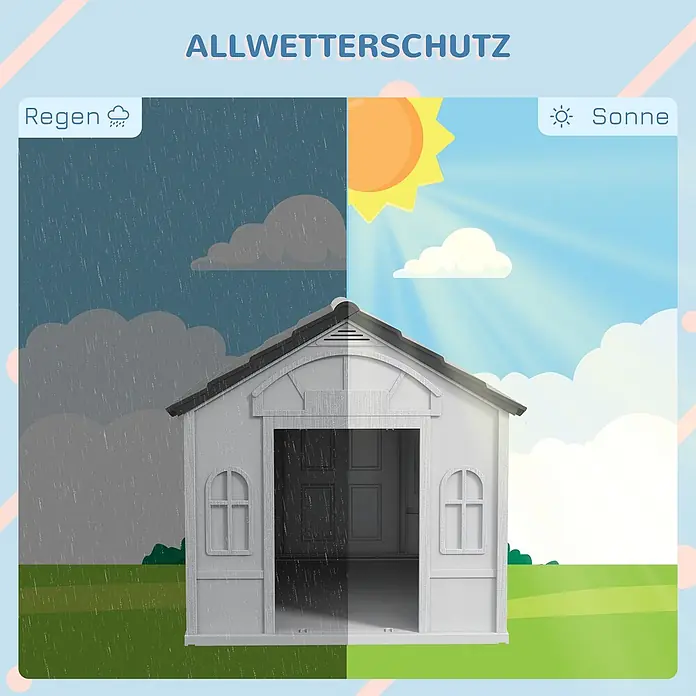 PawHut Hundehütte Grau 65L x 75,7B x 63H cm -  - Weiße Gartenhütte, die Regen- und Sonnenschutz darstellt.
