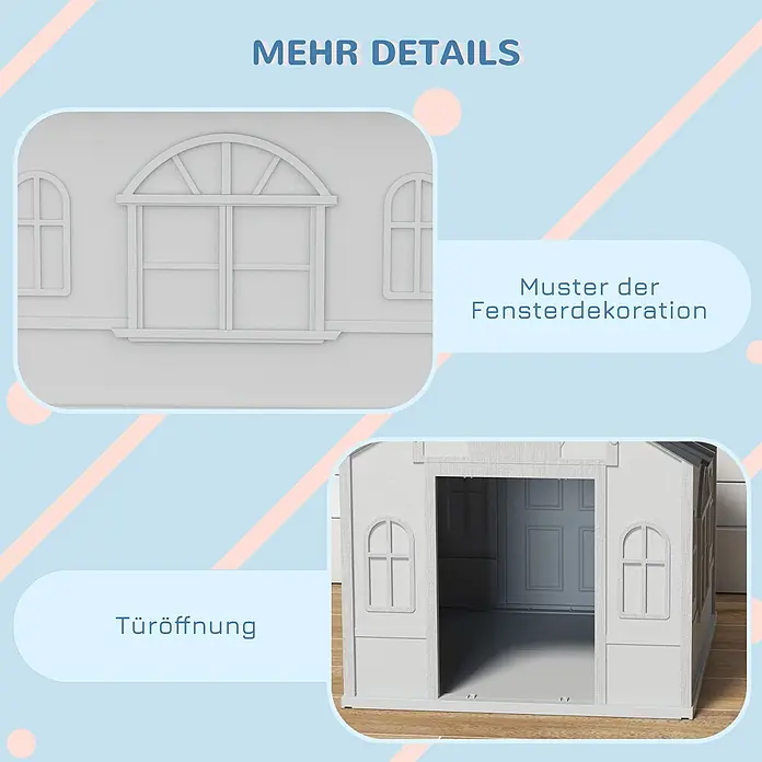 PawHut Hundehütte Grau 65L x 75,7B x 63H cm -  - Nahaufnahme von Details eines weißen Spielhauses: dekoratives Rundbogenfenster und offene Tür, die das Innere zeigt.