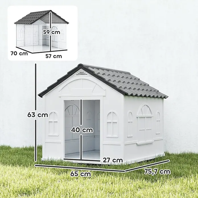 PawHut Hundehütte Grau 65L x 75,7B x 63H cm -  - Weißes Spielhaus mit grauem Dach, 63 cm hoch, 65 cm breit und 75,7 cm tief, mit einer 40 cm hohen Türöffnung.