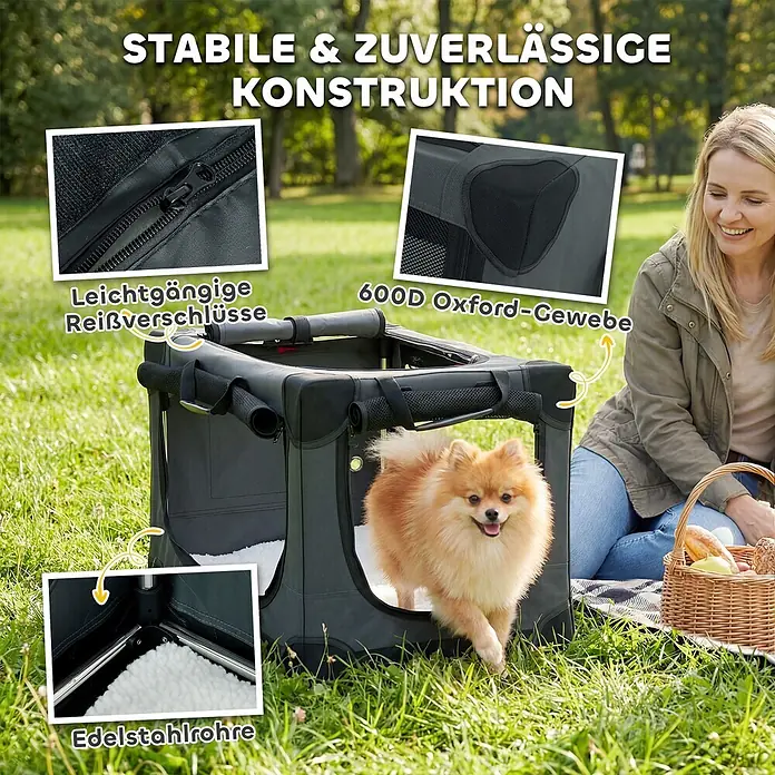 PawHut Katze Transporttasche Grün 60L x 42B x 43H cm -  - Dunkelgraue, faltbare Hundebox aus 600D Oxford-Gewebe mit Edelstahlrohren, stabil & zuverlässig im Freien.