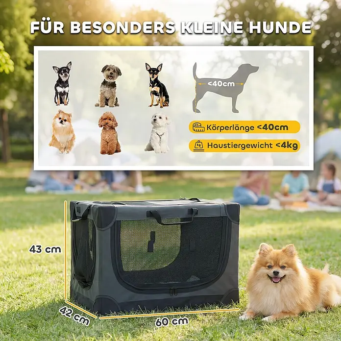 PawHut Katze Transporttasche Grün 60L x 42B x 43H cm -  - Dunkelgraue faltbare Hundetransportbox mit Netzfenstern auf Gras, neben einem kleinen Hund. Maße: 60x42x43 cm, für Hunde unter 40cm/4kg.