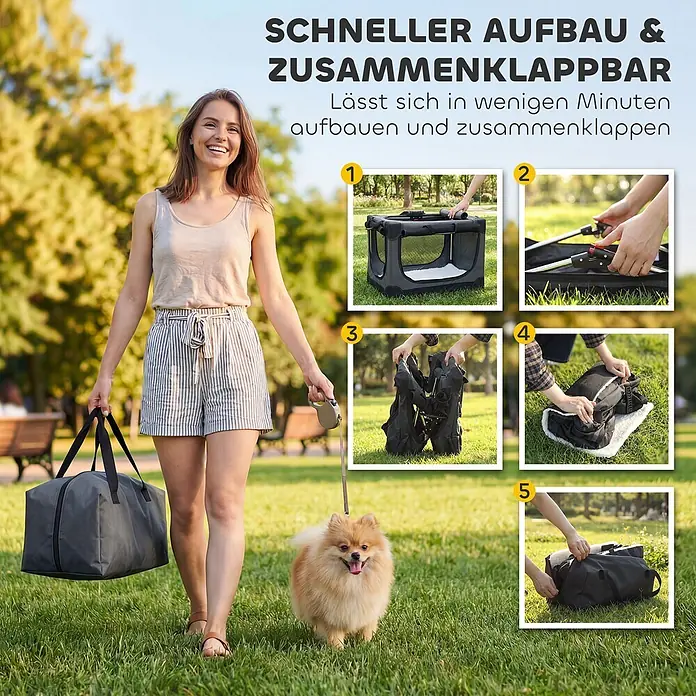 PawHut Katze Transporttasche Grün 60L x 42B x 43H cm -  - Eine Frau geht mit ihrem Hund und einer dunkelgrauen faltbaren Haustiertragetasche, was die Portabilität und den einfachen Aufbau hervorhebt.