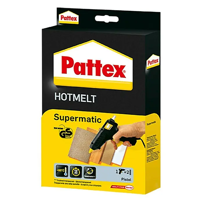 Pattex Heißklebepistole Hot Supermatic - Aufheizzeit: 7 min - 10 min - Die Pattex HOTMELT Supermatic Heißklebepistole in ihrer Verpackung, ein unverzichtbares Werkzeug für Bastel- und Reparaturprojekte.