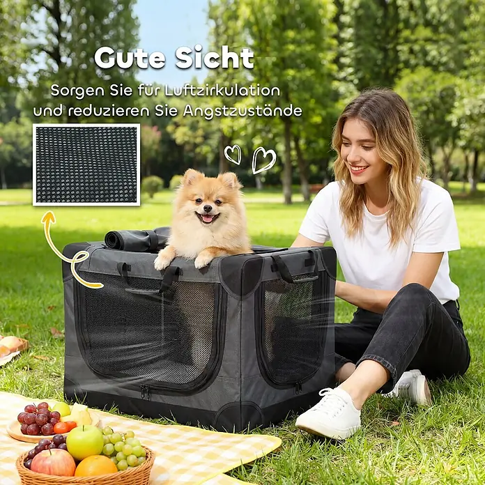 PawHut Katze Transporttasche Grün 60L x 42B x 43H cm -  - Eine graue, faltbare Hundebox mit Netzfenstern mit einem Pomeranian und einer Frau daneben, die die Belüftung betont.