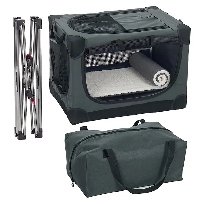 PawHut Katze Transporttasche Grün 60L x 42B x 43H cm -  - Graue, faltbare Haustierbox mit Netzfenstern, weicher Matte, gefaltetem Metallrahmen und Tragetasche.