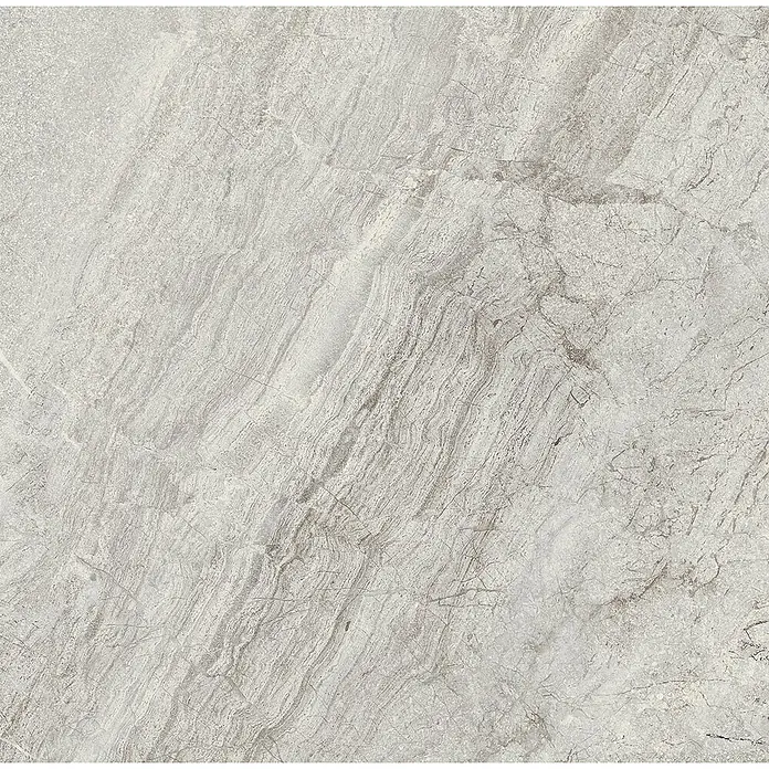 Feinsteinzeug in grauer Steinoptik 60x60, 20 mm, rutschhemmend -  - Helle graue Marmoroptik-Fliese mit subtiler brauner und grauer Maserung, Natursteintextur.