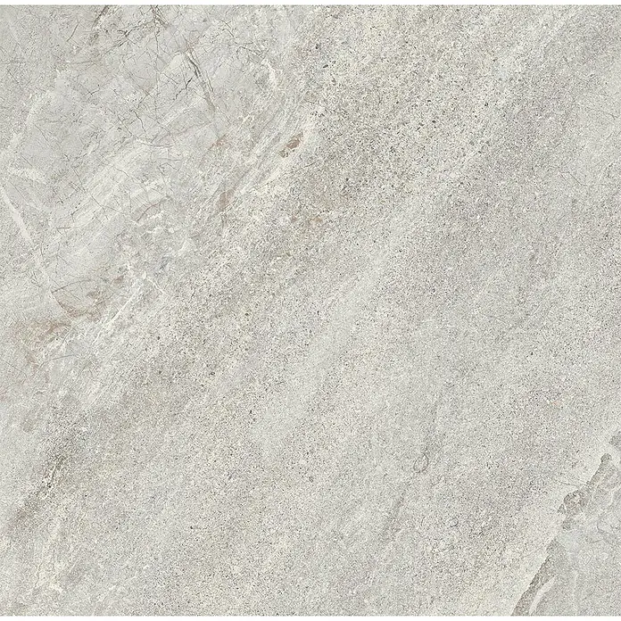 Feinsteinzeug in grauer Steinoptik 60x60, 20 mm, rutschhemmend -  - Hellgraue Steinplatte mit subtiler beiger Maserung und körniger Textur, ideal für moderne Oberflächen.