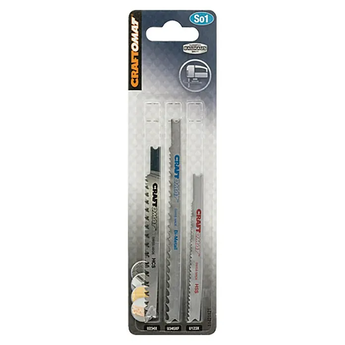 Craftomat Juego de hojas de sierra de calar - Madera / metal / plástico, 3 pzs., Vástago en U - Paquete de hojas de sierra de calar Craftomat, ideales para cortar madera, metal y plástico. Incluye hojas HCS y bimetálicas para diversas aplicaciones.