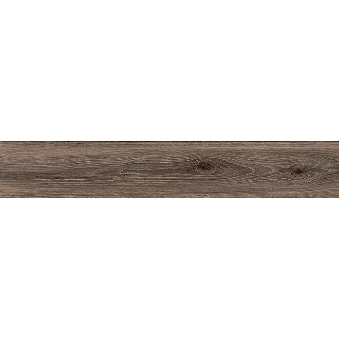 Feinsteinzeug in dunkelbrauner Holzoptik 20x120 - Italienische Fliesen -  - Dunkelgrau-braunes Holzbrett mit ausgeprägter Maserung und Ästen.