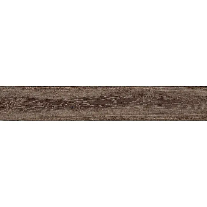 Feinsteinzeug in dunkelbrauner Holzoptik 20x120 - Italienische Fliesen -  - Dunkelbraune Holztextur mit ausgeprägter Maserung und einem sichtbaren Ast.