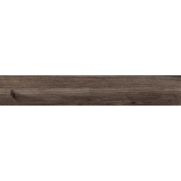 Feinsteinzeug in dunkelbrauner Holzoptik 20x120 - Italienische Fliesen -  - Dunkles, verwittertes Holzpaneel mit ausgeprägter Maserung und Ästen.