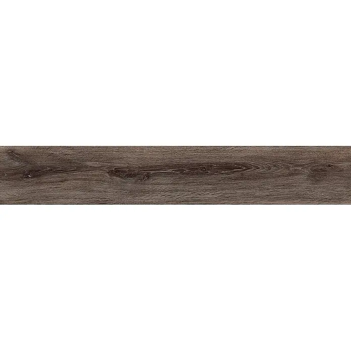 Feinsteinzeug in dunkelbrauner Holzoptik 20x120 - Italienische Fliesen -  - Dunkelbraune Holzstruktur mit sichtbarer Maserung und Ästen.