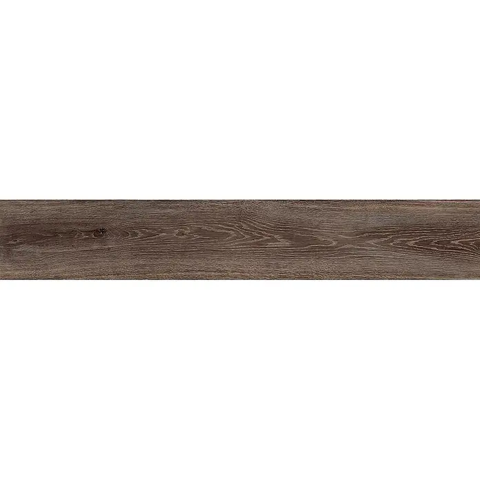 Feinsteinzeug in dunkelbrauner Holzoptik 20x120 - Italienische Fliesen -  - Dunkelbraun-graue Holzdiele mit natürlicher Maserung und dezenten Ästen, ideal für Bodenbeläge oder Möbeloberflächen.