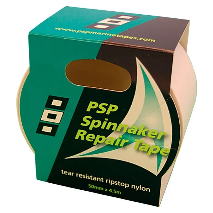 PSP Spinnakertape - Weiß, 4,5 m x 50 mm - Nahaufnahme einer Rolle PSP Spinnaker Reparatur Klebeband, ideal für die Reparatur von Segeln.