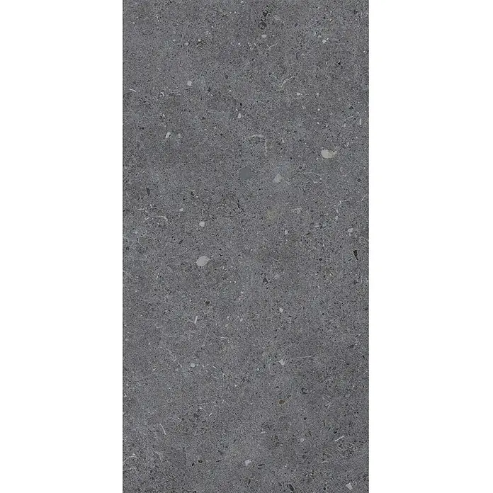 Feinsteinzeug in matter anthrazitfarbener Betonoptik 30x60 - Ital. Fliesen -  - Dunkelgraue, gesprenkelte Steinplatte mit feinen Körnern und hellen Einschlüssen.