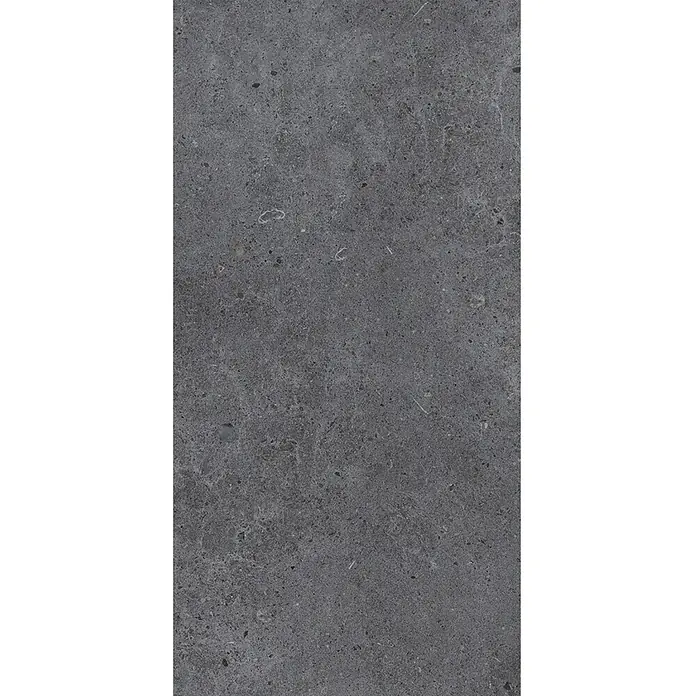 Feinsteinzeug in matter anthrazitfarbener Betonoptik 30x60 - Ital. Fliesen -  - Dunkelgraue Steinfläche mit gesprenkelter, körniger Textur.