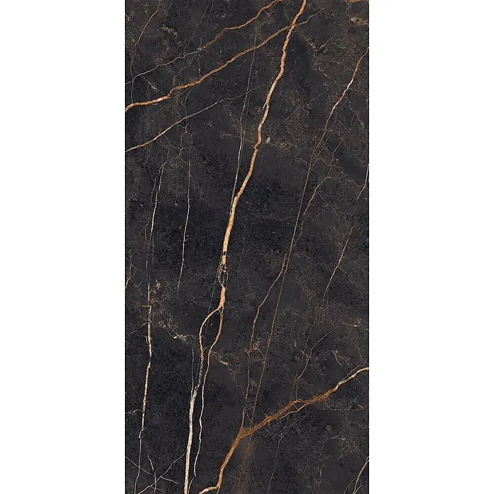 Feinsteinzeug in Saint Laurent glänzender Marmoroptik 60x120 -  - Dunkle Marmorplatte mit markanter goldener und weißer Äderung, ideal für Luxusoberflächen.
