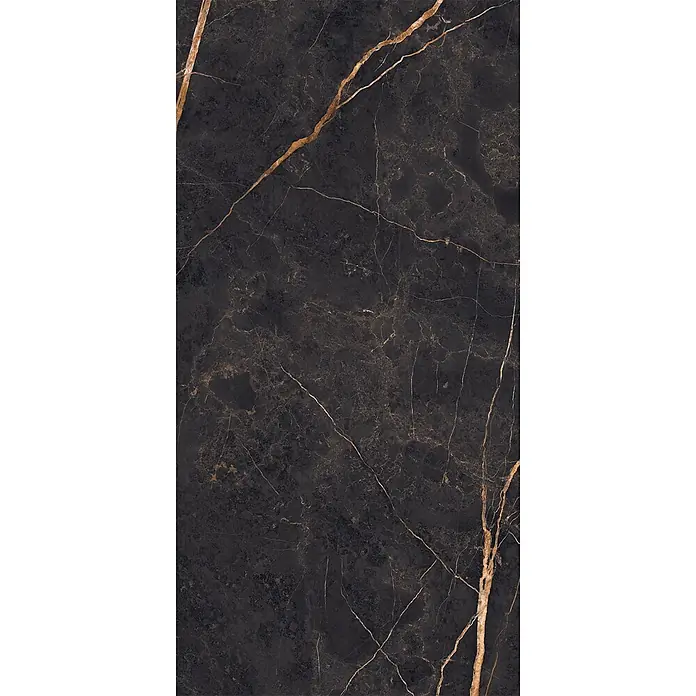 Feinsteinzeug in Saint Laurent glänzender Marmoroptik 60x120 -  - Dunkle Marmorplatte mit ausgeprägten gold- und kupferfarbenen Äderungen.